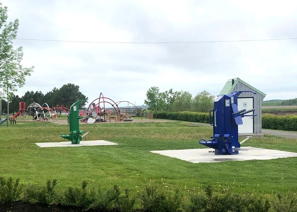 Multi-use gym equipment on green space next to the Petitcodiac River