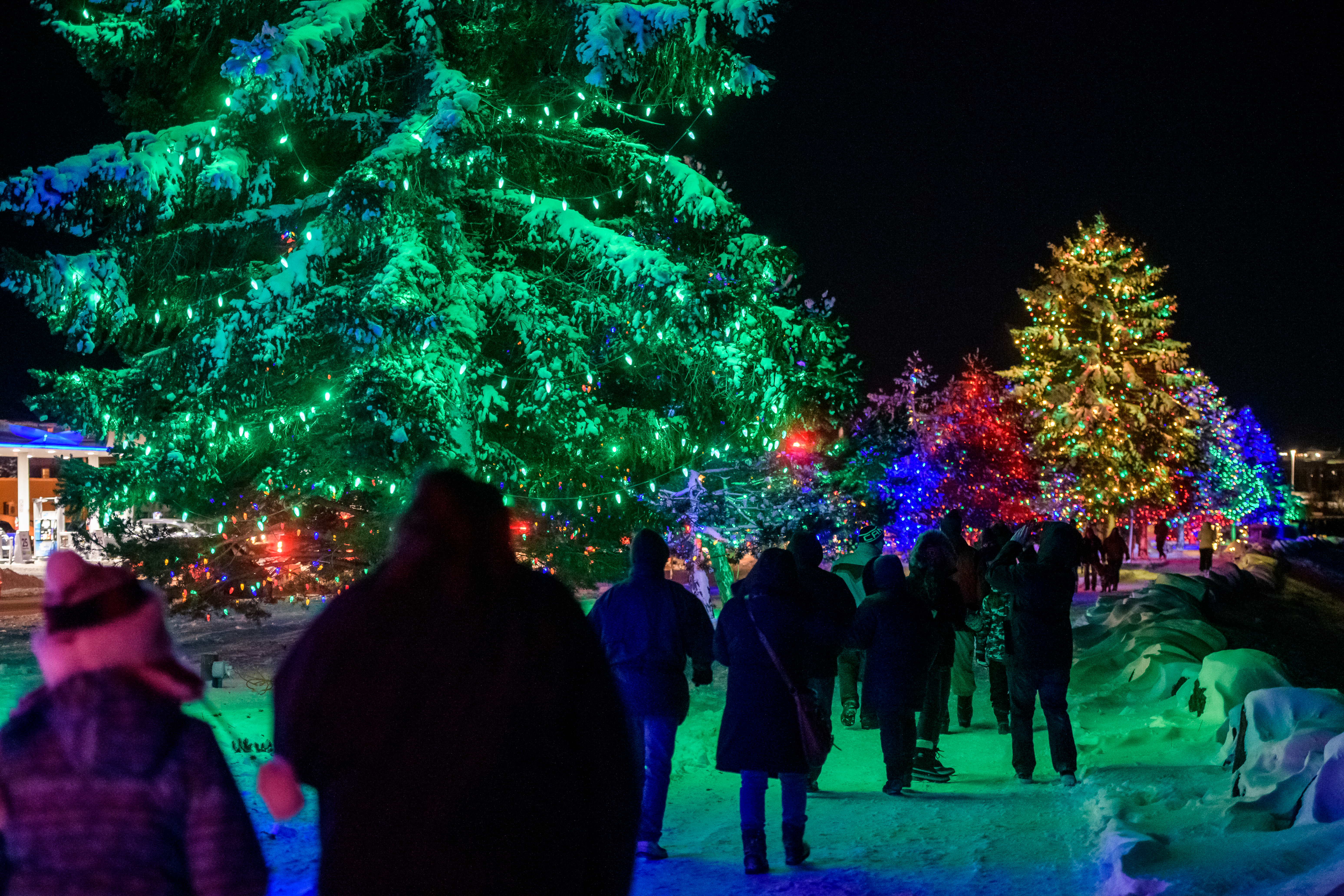 People walking under holiday lights