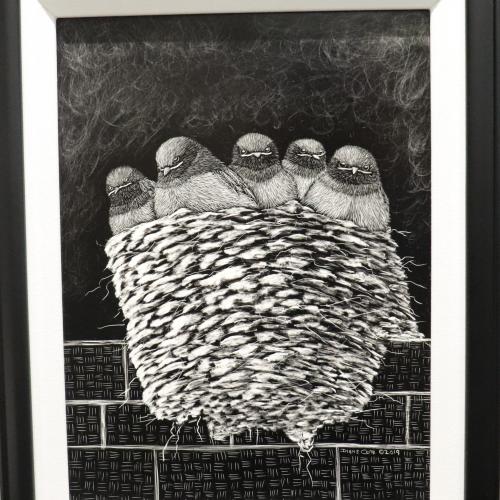 Scratchboard on Masonite artwork of 5 baby swallows in a nest