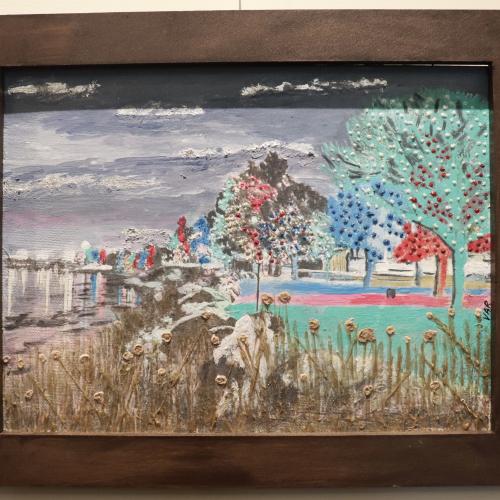 Mixed media photo on canvas art piece of the riverfront lit up