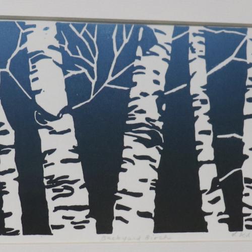 Linoprint on paper art piece of birch trees
