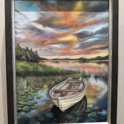 Oil on canvas of a boat on a dock surrounded by lilies