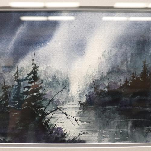 Watercolor artwork of the northern lights