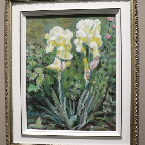 Acrylic on panel art piece of yellow irises