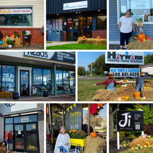 A collage of storefronts with straw and pumpkin displays 