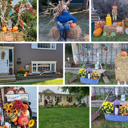 A collage of front yards with straw and pumpkin displays 