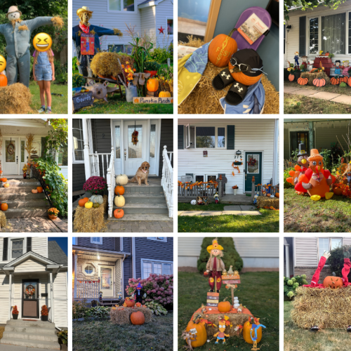 A collage of homes with straw and pumpkin displays 