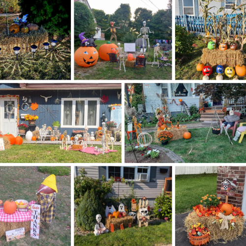 A collage of homes with straw and pumpkin displays 