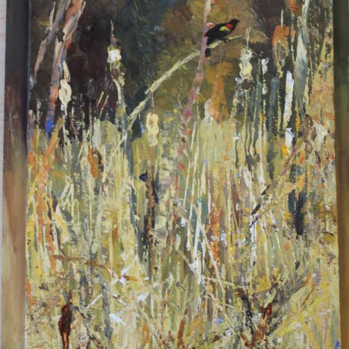 acrylic painting of a red winged blackbird in a yellow field