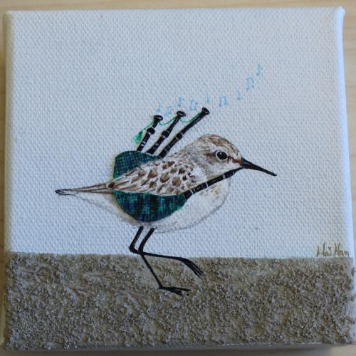 Painting of a sandpiper playing bagpipes