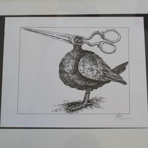 Ink drawing of a bird with scissors for a head