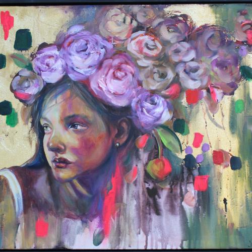 Mixed media painting of a girl with flowers