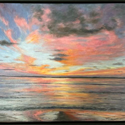 Oil on canvas painting of sunset over water