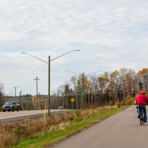 A cyclist biking on a paved pathway alongside gunningsville blvd.