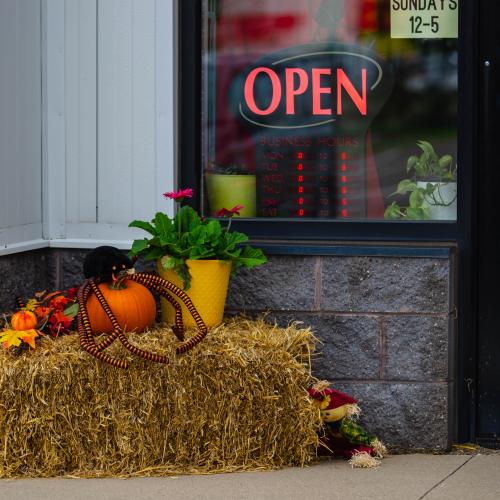Hay bale display with a spider and pumpkin on it 