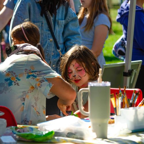 A girl getting her face painted like a cat