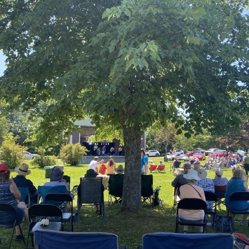 People sitting on camping chairs in the park listening to a concert 