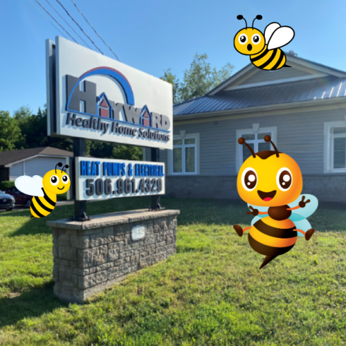 Hayward Healthy Home Solutions front store signage surrounded by cute bee graphics. 