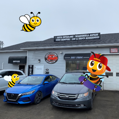 Dents & Stones store front surrounded by cute bee graphics.