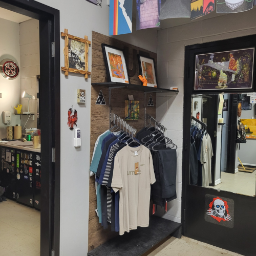 Tshirts hanging in a skateshop