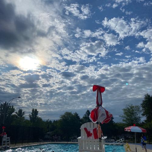 An outdoor pool with the sun shining on it