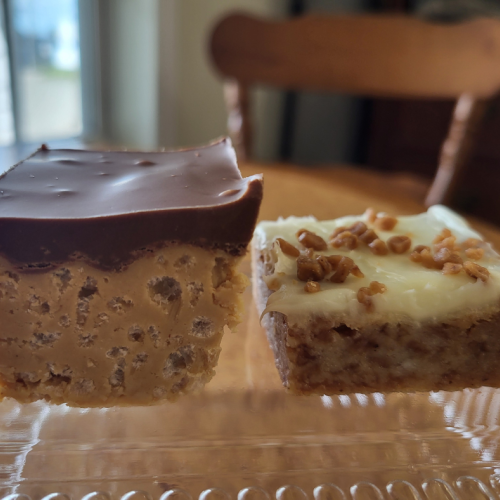 Janets Bake Shop-Peanut butter crisp& Skor square on table