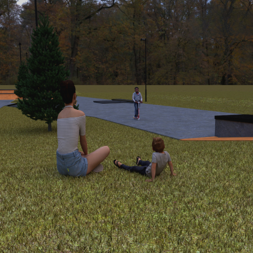 Digital rendering of a woman and young boy sitting on grass watching a child scooter on a skatepark path