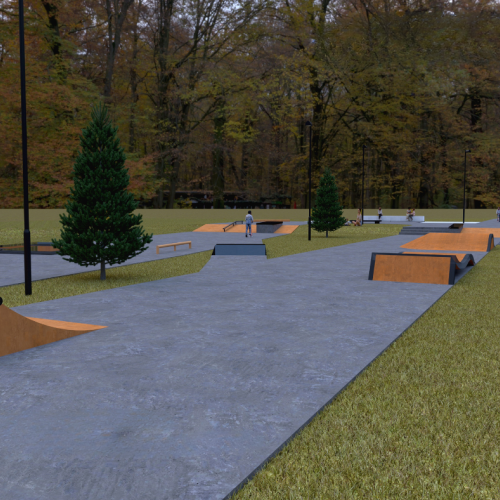 A digital rendering of an outdoor skatepark with ramps 