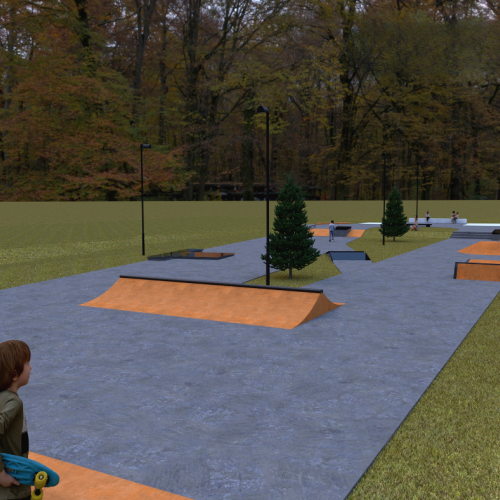 Digital rendering of a young boy with skateboard looking out at a skatepark