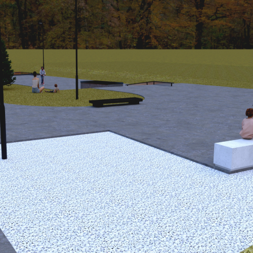 A digital rendering of an outdoor skatepark