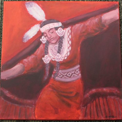 A painting of an indigenous woman dancing