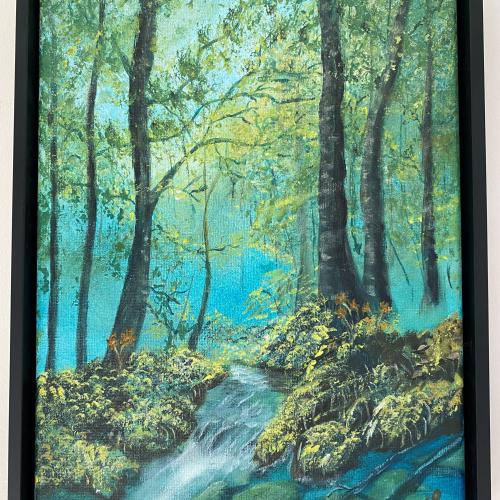 Painting of a waterfall in the forrest