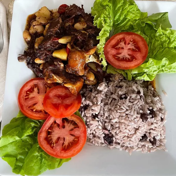 Rice, salad, and spiced meat