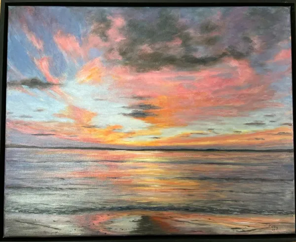 Oil on canvas painting of sunset over water