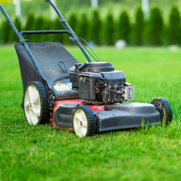 Lawn mower on green grass.