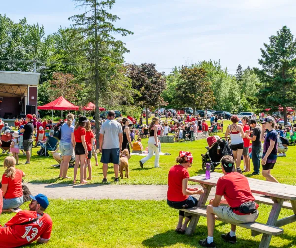 A group of people in a sunny park on Canada Day