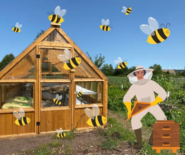 Benson the beekeeper is distressed as he watches his bees escape from his beehive.