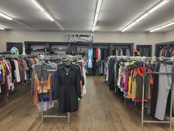 Inside of Ergon Thrift- Racks of clothes in rows