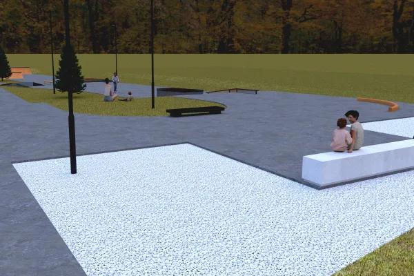 A digital rendering of an outdoor skatepark