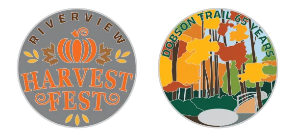 A geocoin image with fall coloured leaves and Harvest Fest logo