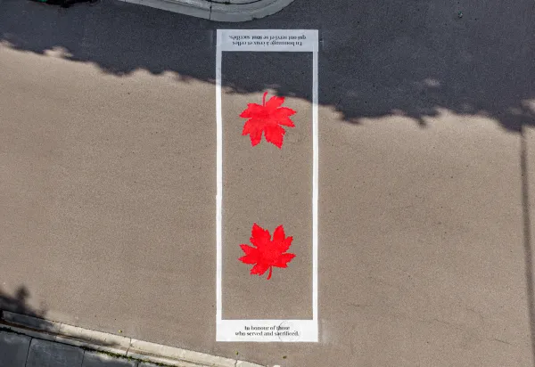 Veteran's memorial crosswalk outside of town hall aerial view
