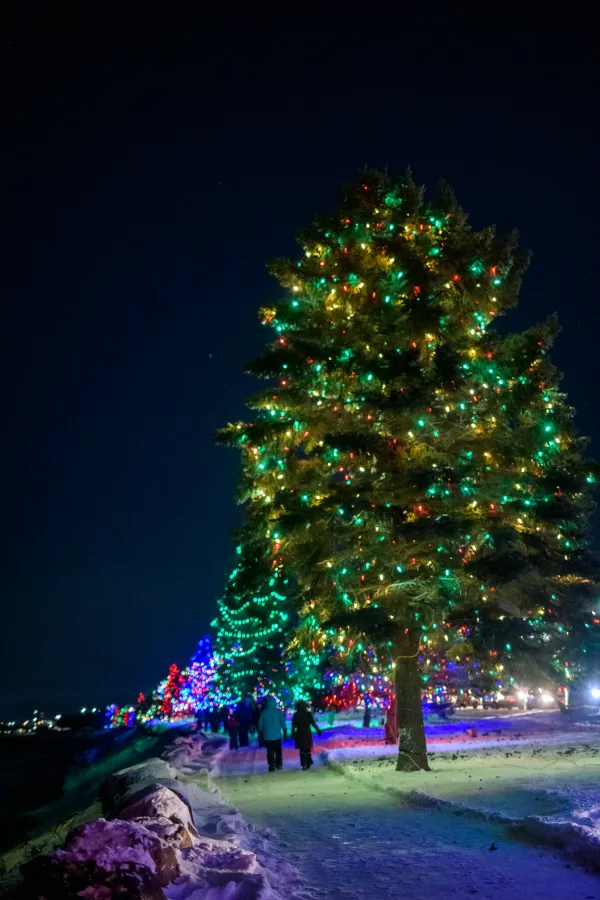 Family walking the riverfront trail under the holiday lights
