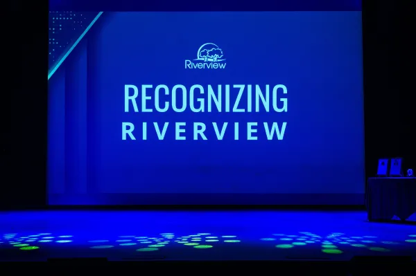 The Riverview Arts Centre Stage bearing the Recognizing Riverview branding