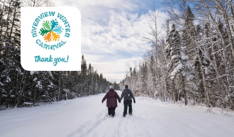 Riverview Winter Carnival logo over couple snowshoeing 