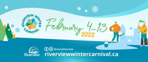 Banner displaying Riverview Winter Carnival snowflake logo, two people on showshoes and the date "February 4-13, 2022." The image is a mix of vivid blues. 