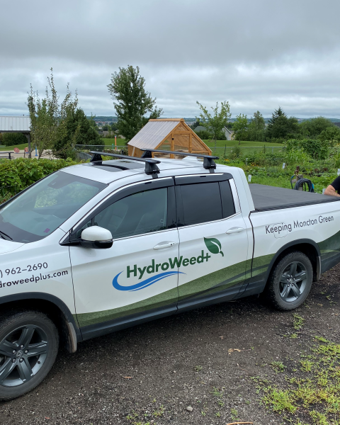 Hydro Weed+ owner standing next to branded truck