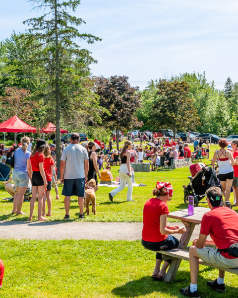A group of people in a sunny park on Canada Day