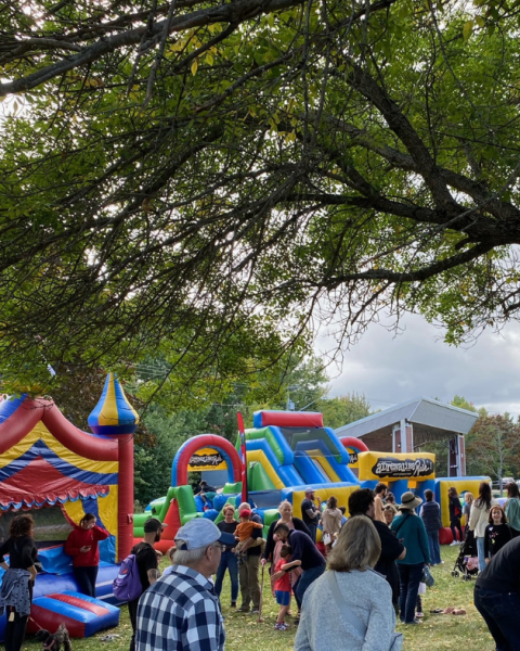 A crowd of people in a park with bouncy castles