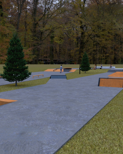 A digital rendering of an outdoor skatepark with ramps 