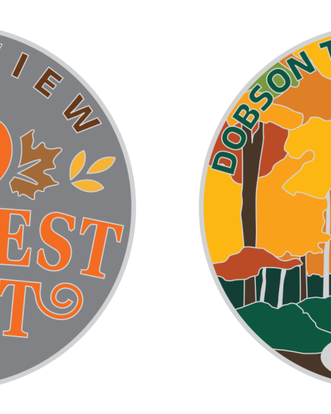 A geocoin image with fall coloured leaves and Harvest Fest logo